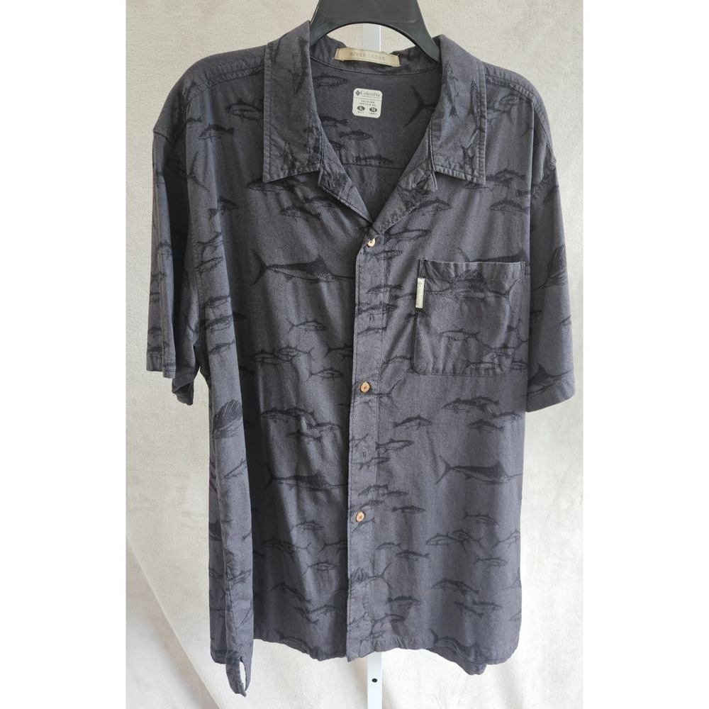 Columbia River Lodge Men's XLT Blue AOP Jacquard Fish Camp Shirt Button Up Tall